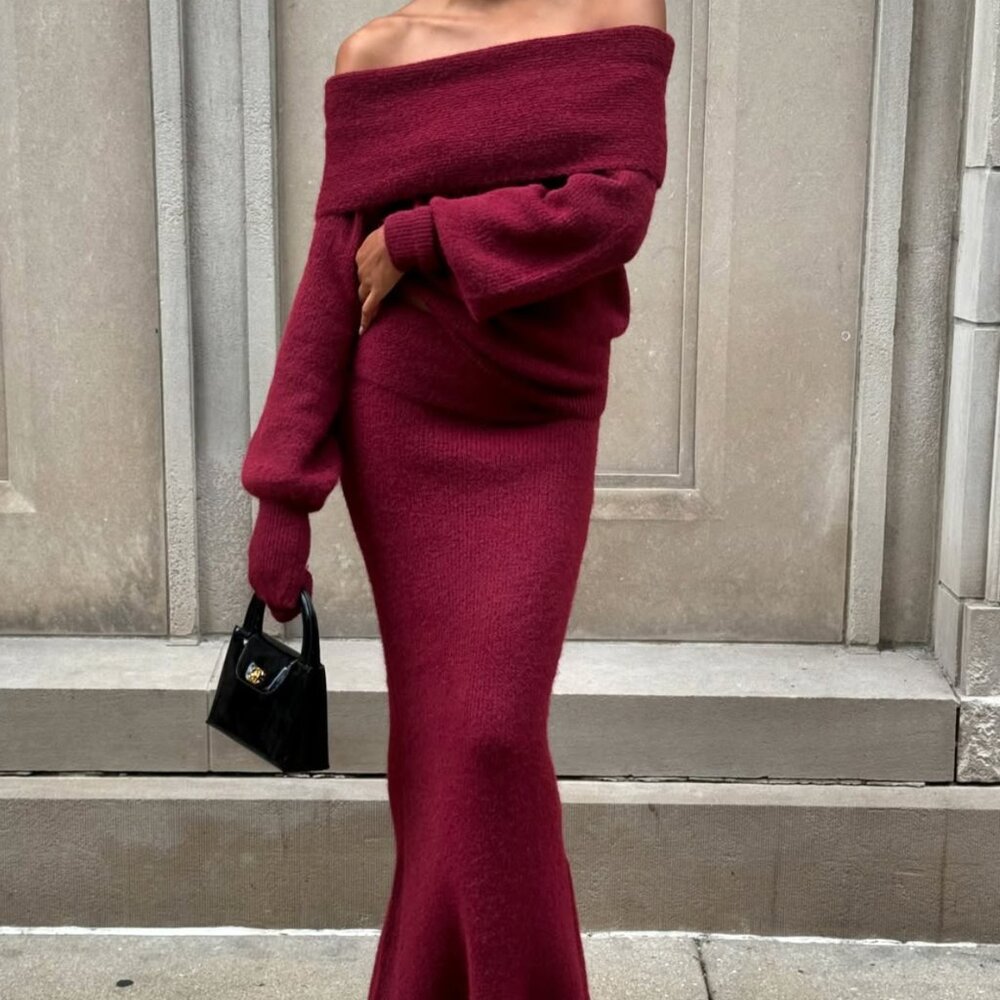 Charlotte Knit Sweater and Maxi Skirt in Merlot